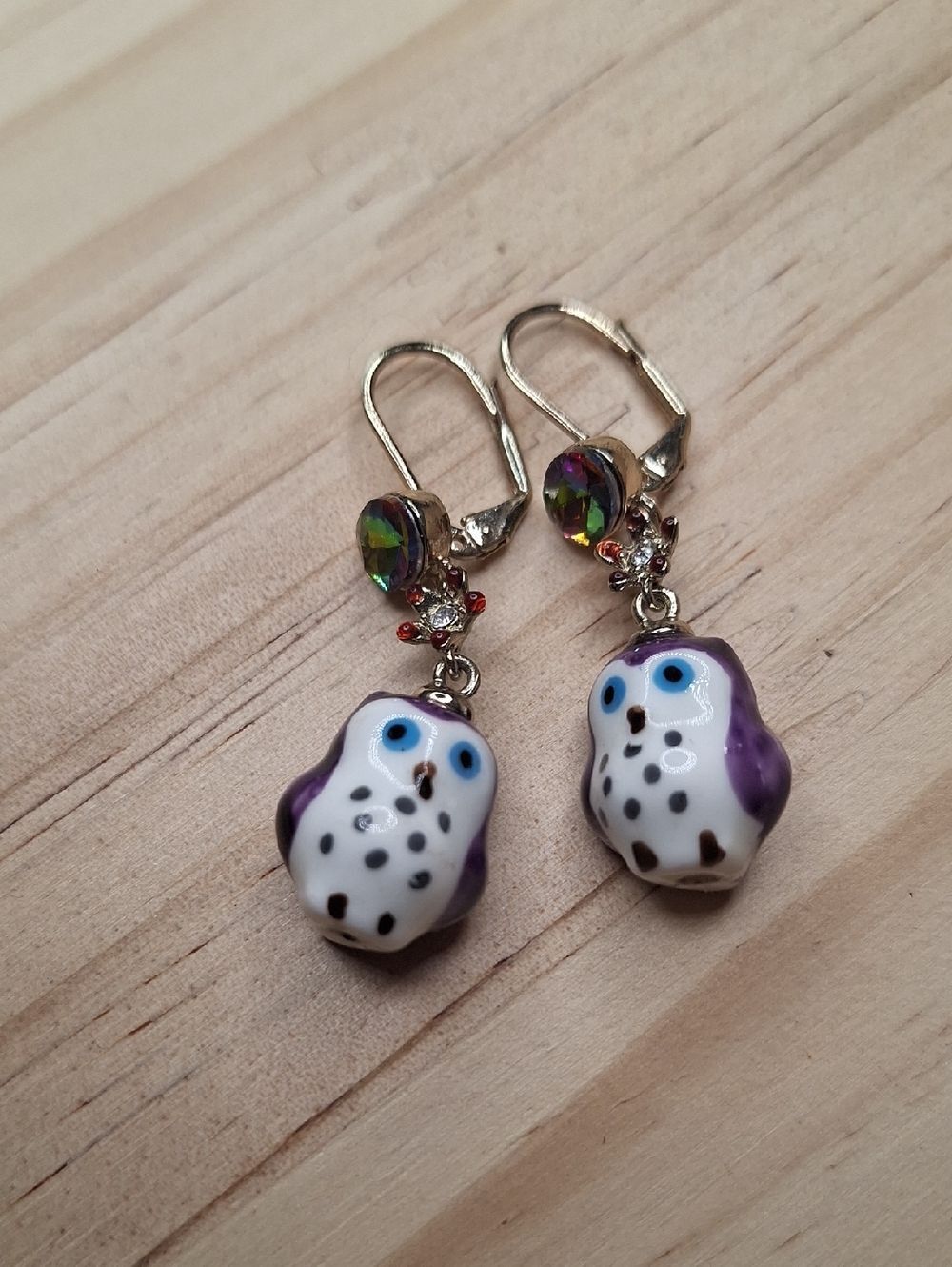 Cute White & Purple Owl Dangle Earrings with Multicolor Crystal